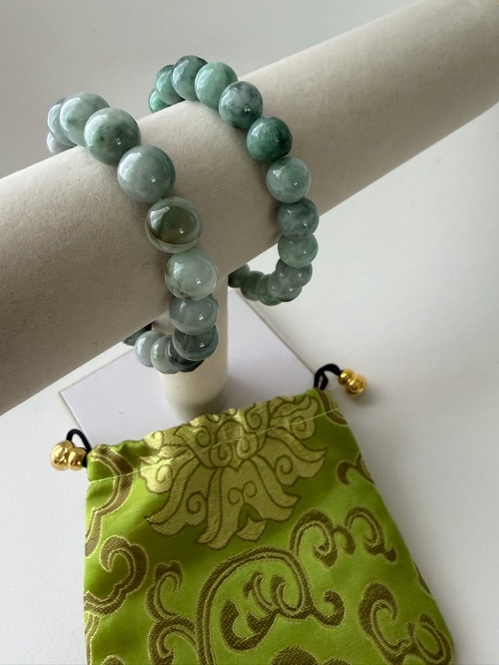 Authentic 2 Pieces Icy Floating Green Jade Beaded Bracelets - Picture 8 of 12